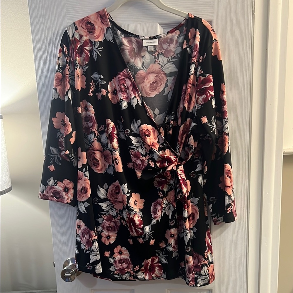 Avenue Black and Pink Flower Faux Wrap Blouse with 3/4 Sleeves